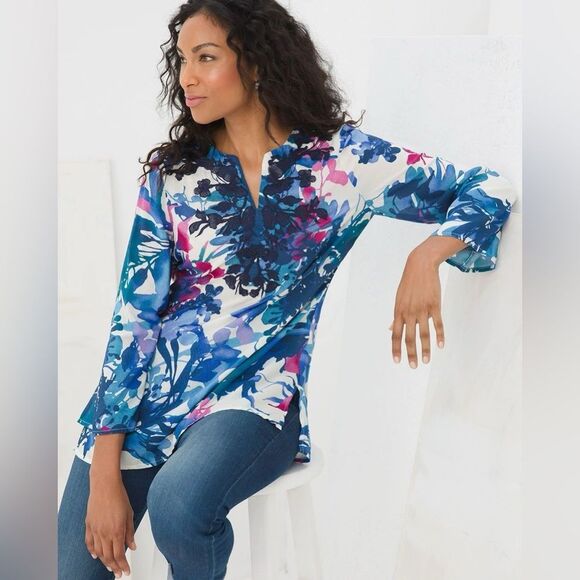 CHICO'S NWT Floral Split Neck Tunic Long Top Women's M Embroidered Boho Resort - Picture 7 of 14